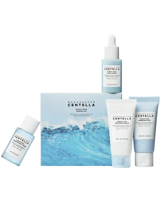 Skincare product set with bottles and a box on a white background
