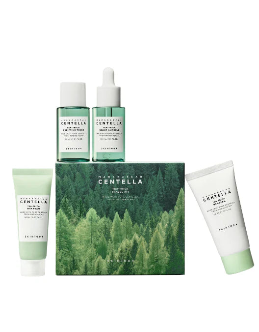 Skincare set with bottles and cream on a white background
