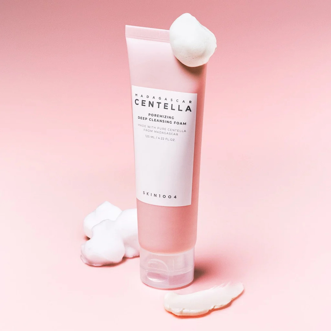 Pink tube of Madagascan Centella cleansing foam on a pink background
