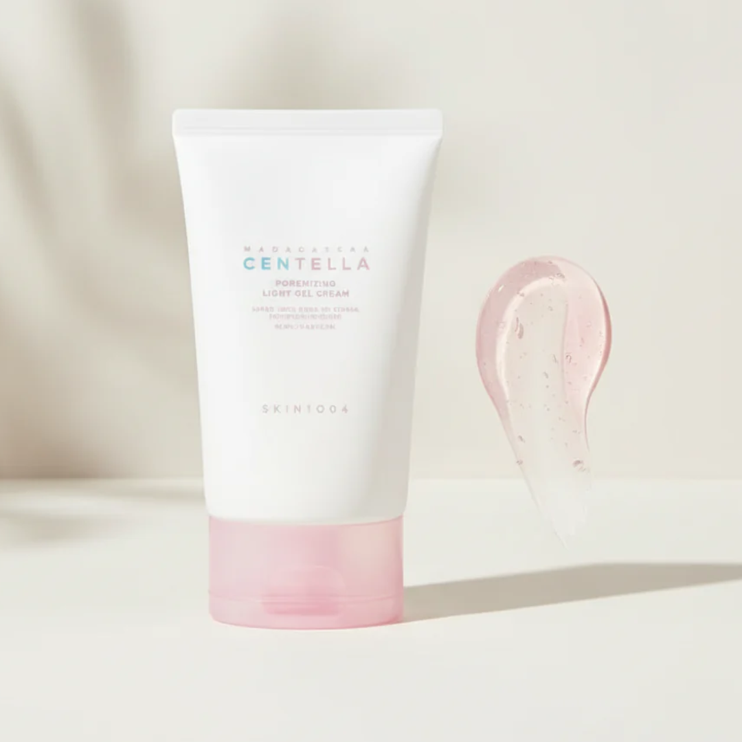 Centella Gel Cream bottle with smudge of pink gel on the right on a light brown background