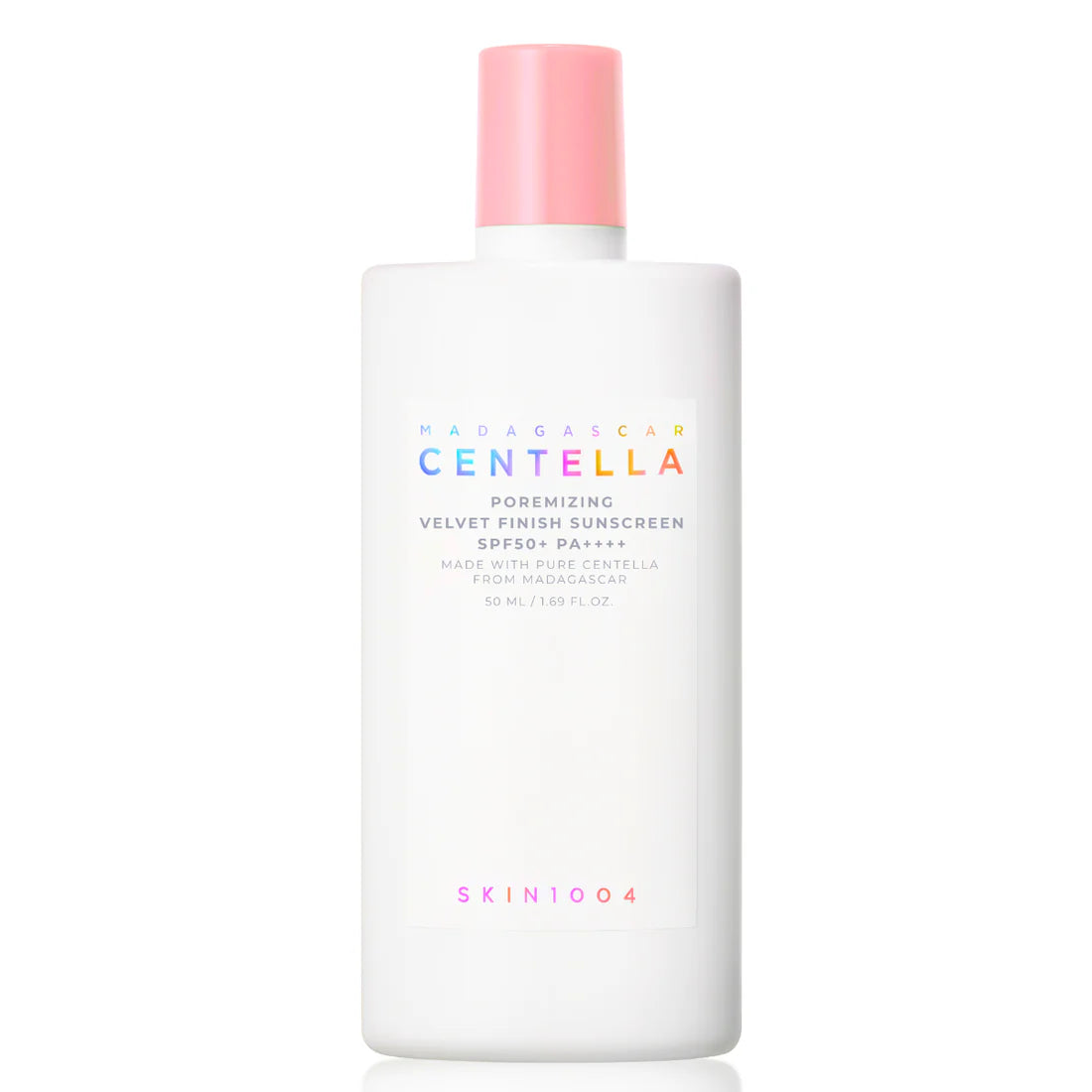 Skincare bottle with pink cap on a white background