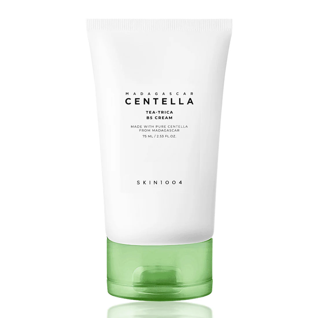 Skincare product with green cap and white body on a white background