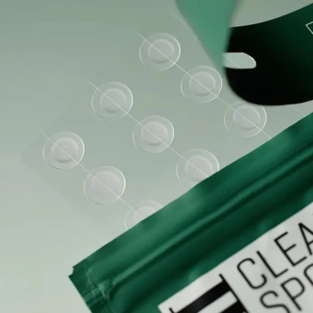 Green packaging with clear circles on a white background