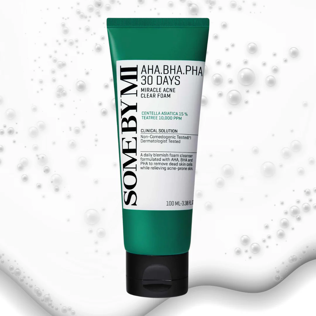 Tube of SoebyMI AHA.BHA.PHA 30 Days Miracle Acne Clear Foam on a white background with bubbles.