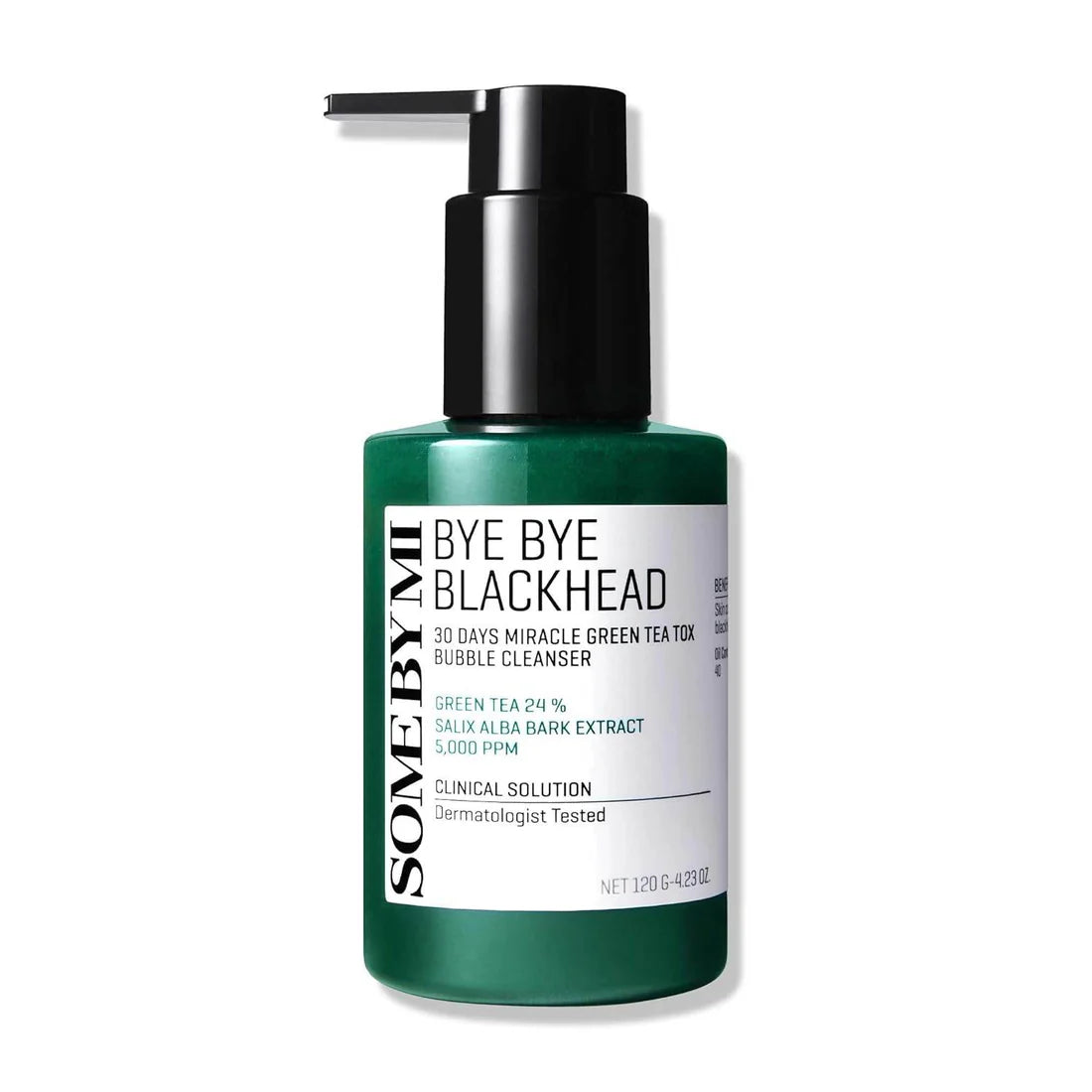 Skincare bottle labeled 'Bye Bye Blackhead' on a white background