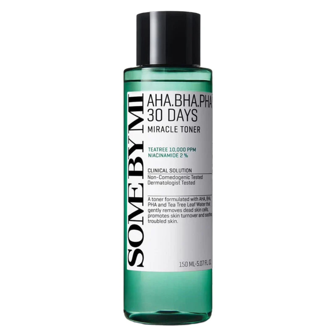 Bottle of Sove By Me AHA BHA PHA 30 Days Miracle Toner on a white background