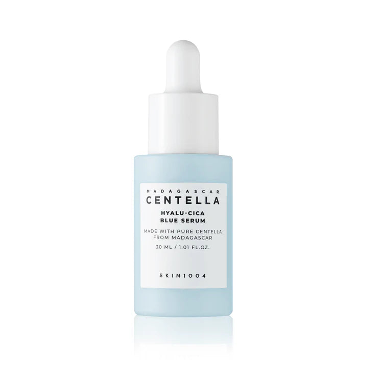 Skintouch Madagascan Centella Hyalu-Cica Blue Serum bottle on a white background