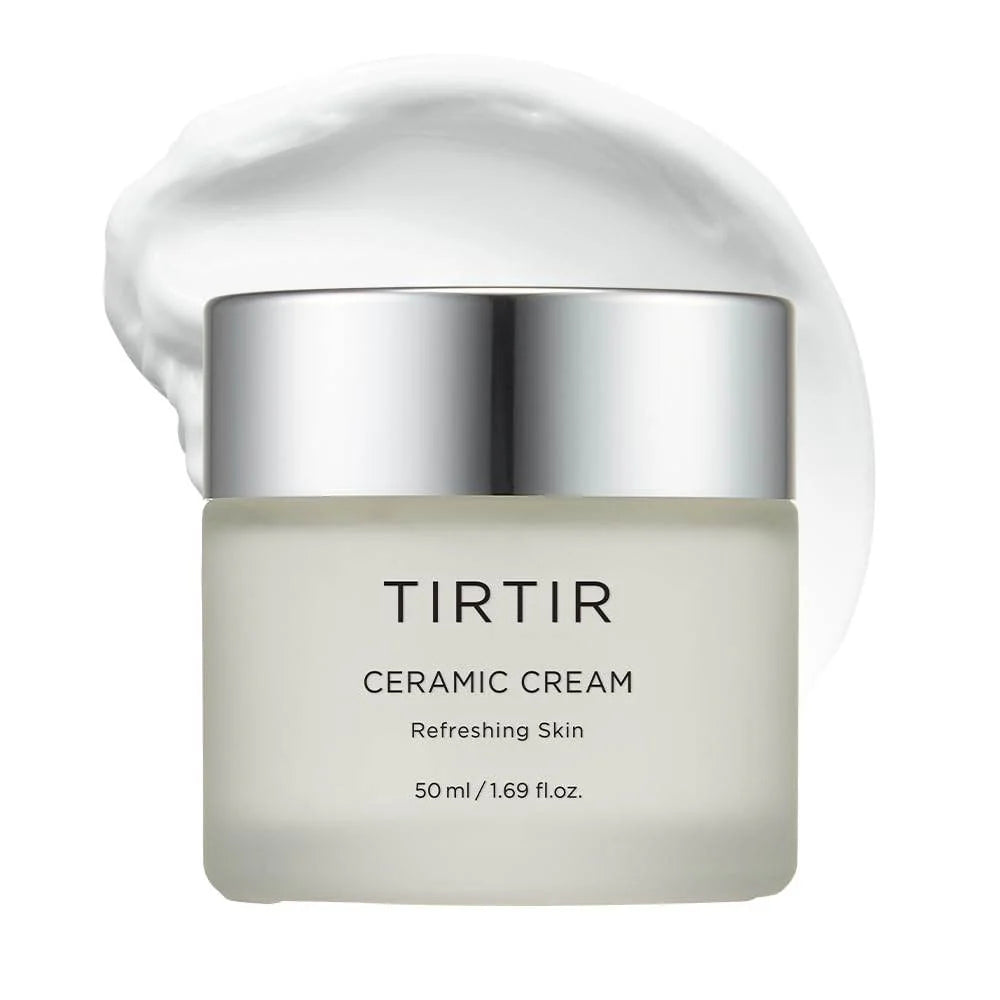 TirTir Ceramic Cream tub with swatch on a white background