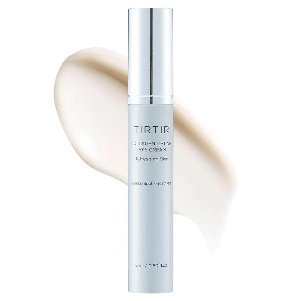 TirTir Collagen eye cream tube with swatch on a white background