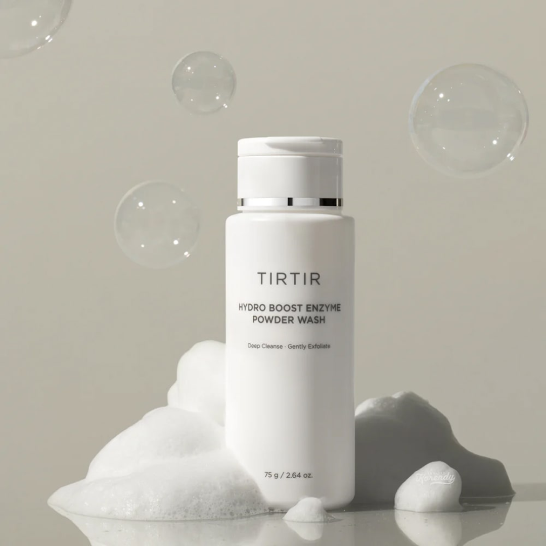 TIRTIR Hydro Boost Enzyme Powder Wash bottle with bubbles on a light background