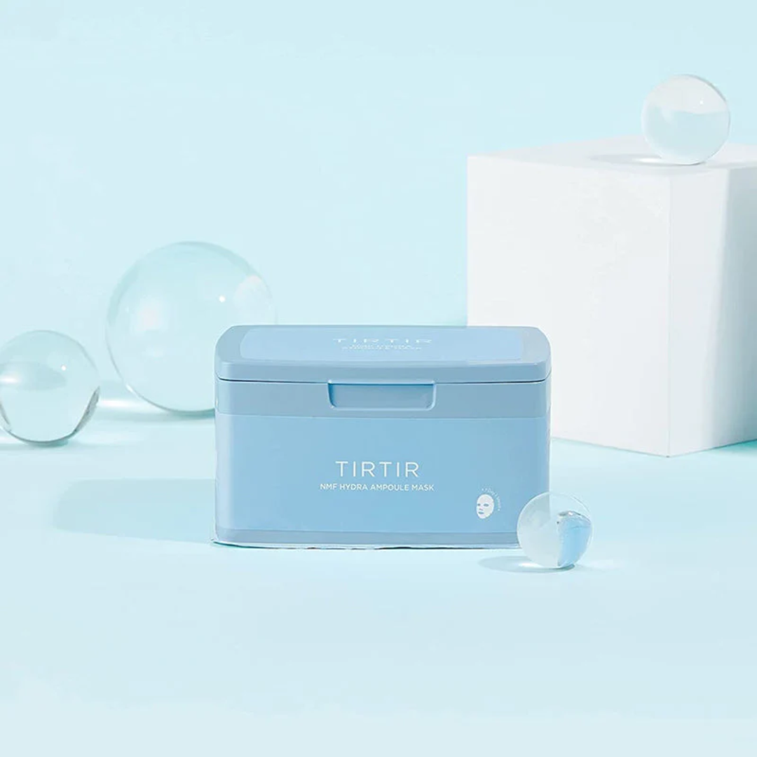 Blue TIRTIR container on a light blue background with transparent bubbles
