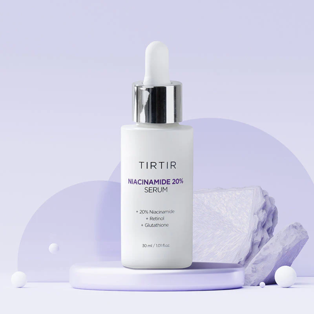 TIRTIR Niacinamide 20% Serum bottle on a light purple background