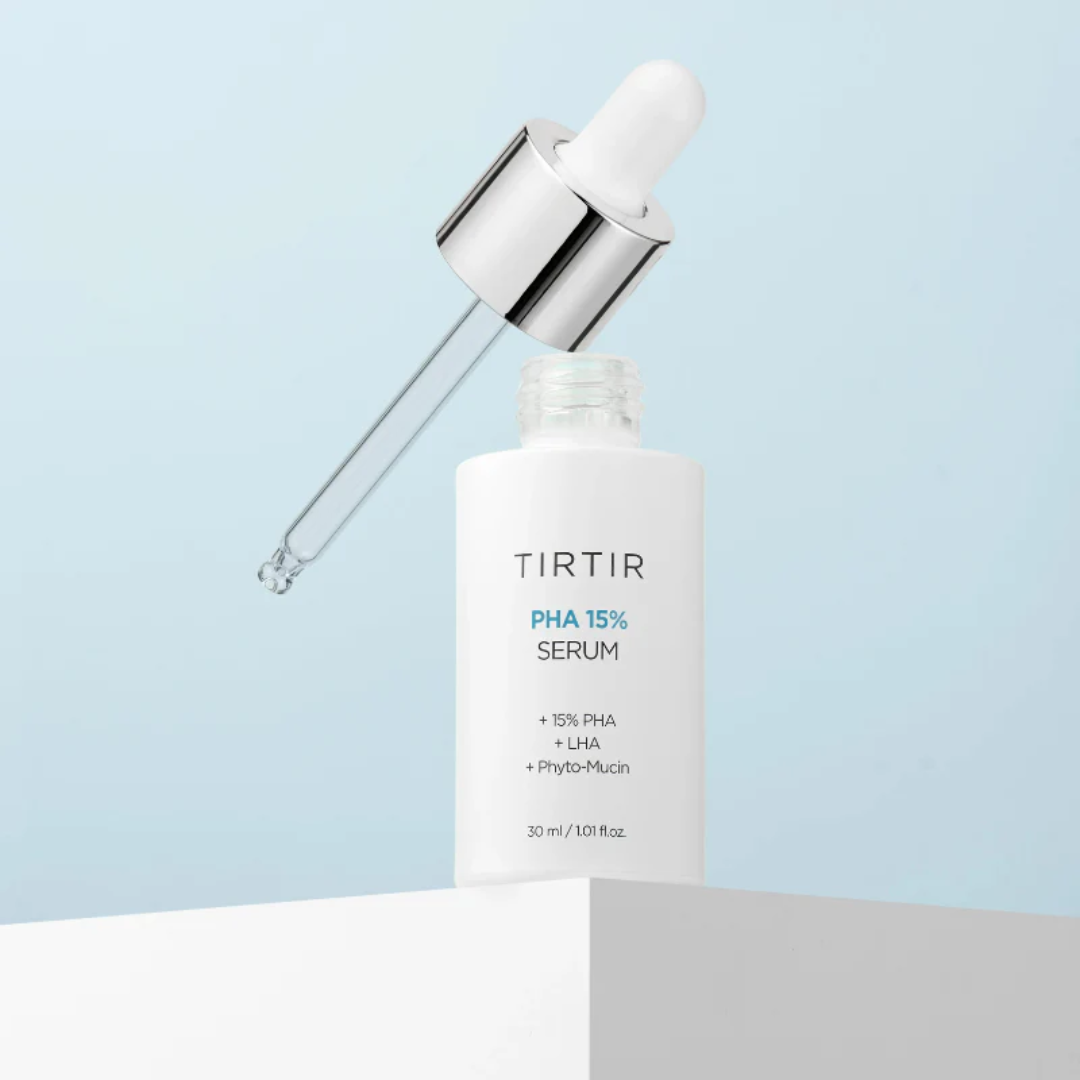 TIRTIR PHA 15% Serum bottle with dropper on a light blue background