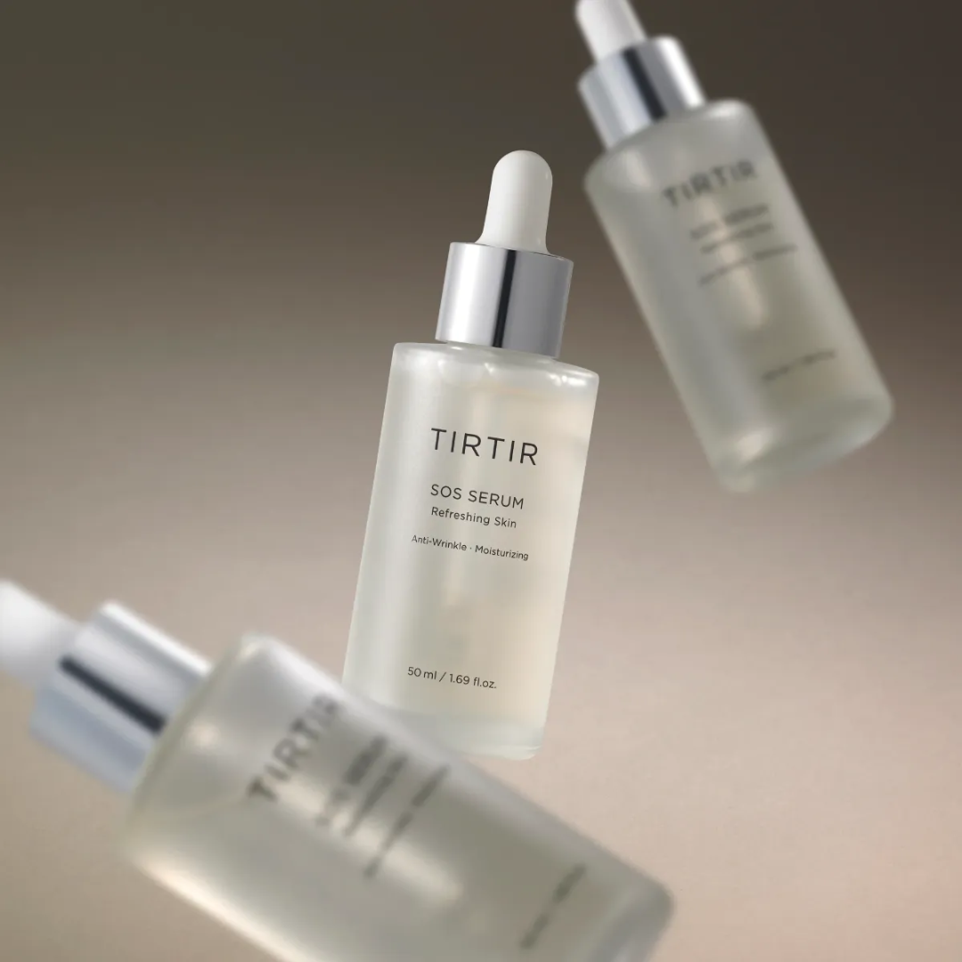 TIRTIR SOS Serum bottle with dropper on a gradient background