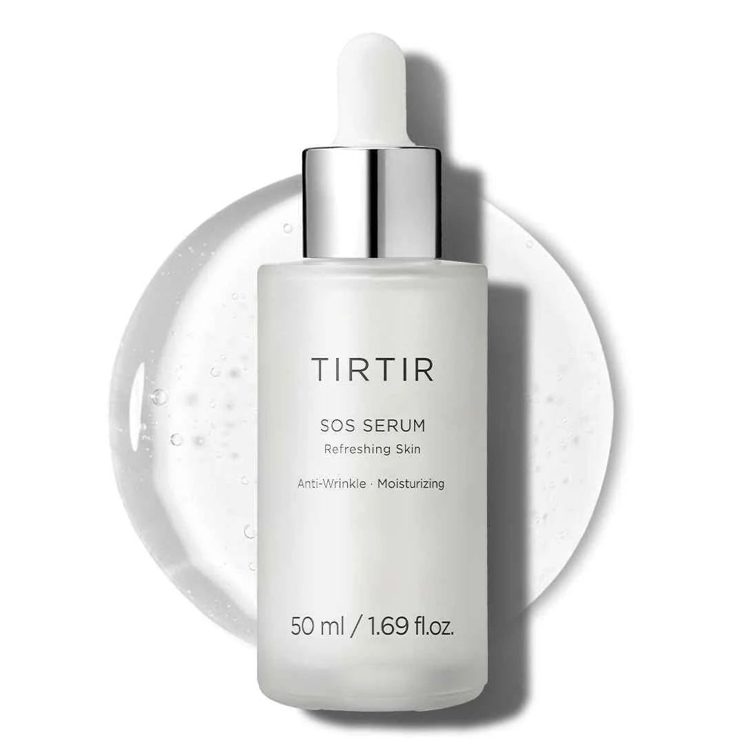 Tirtir serum bottle with liquid on a white background