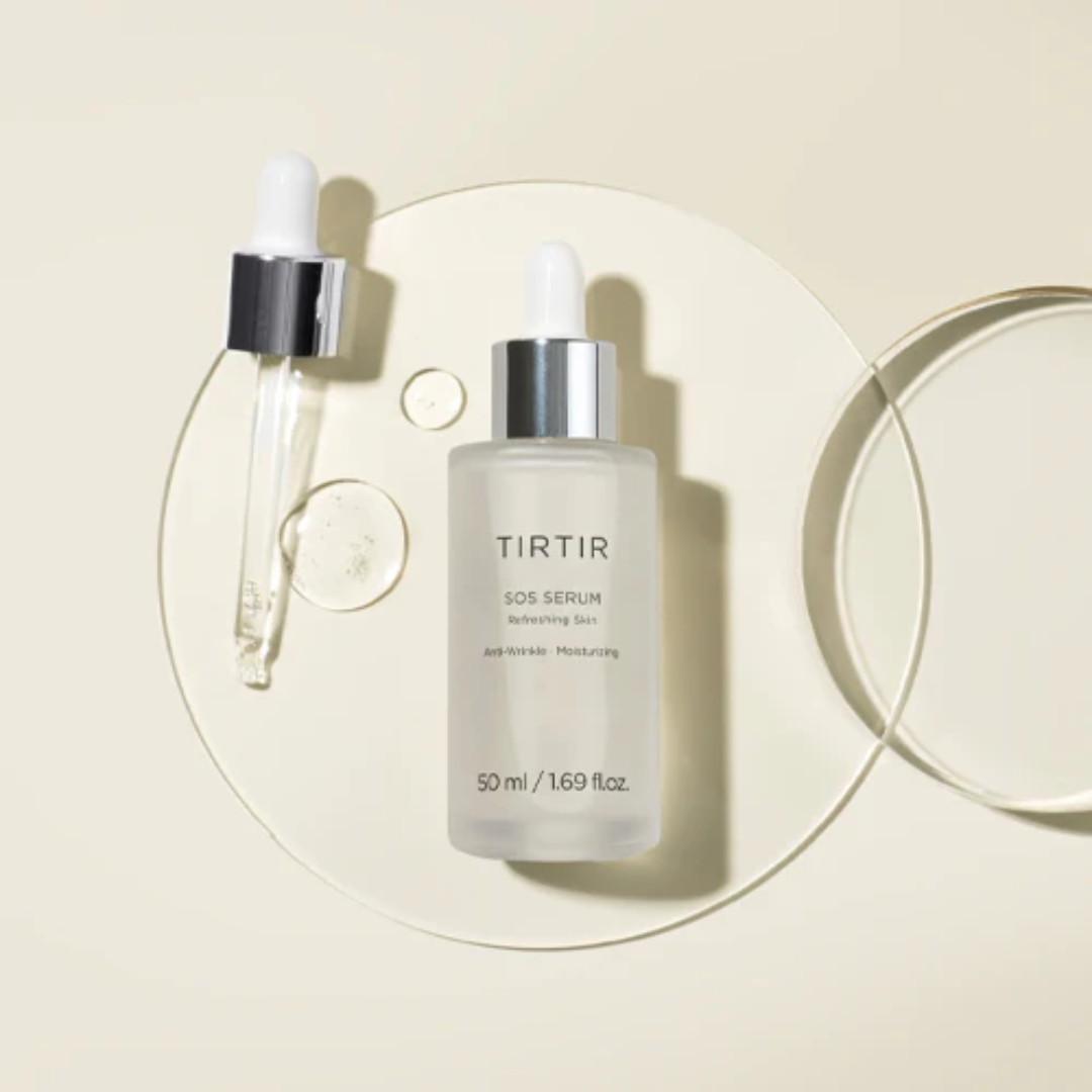 TIRTIR SOS Serum bottle on a beige background