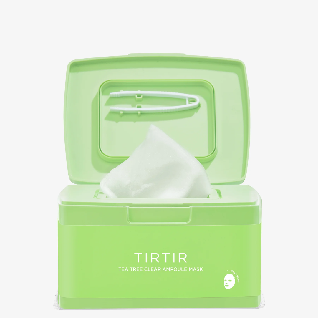 Green container of TIRTIR tea tree clear ampoule mask on a white background