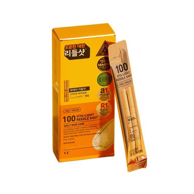 Vita-light needle shot packaging with orange box and clear needle on a white background