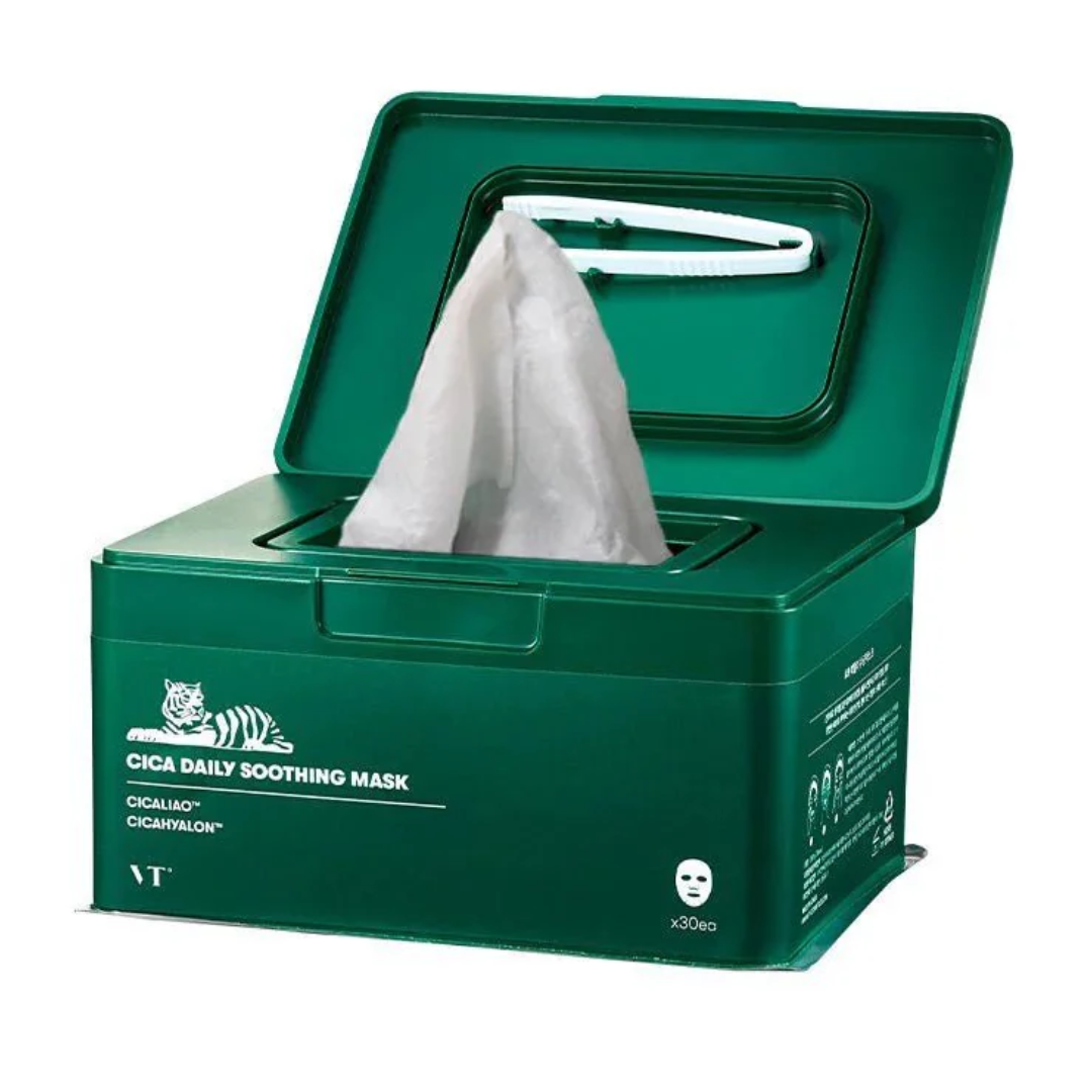 Green box with a handle containing Cica daily soothing masks on a white background