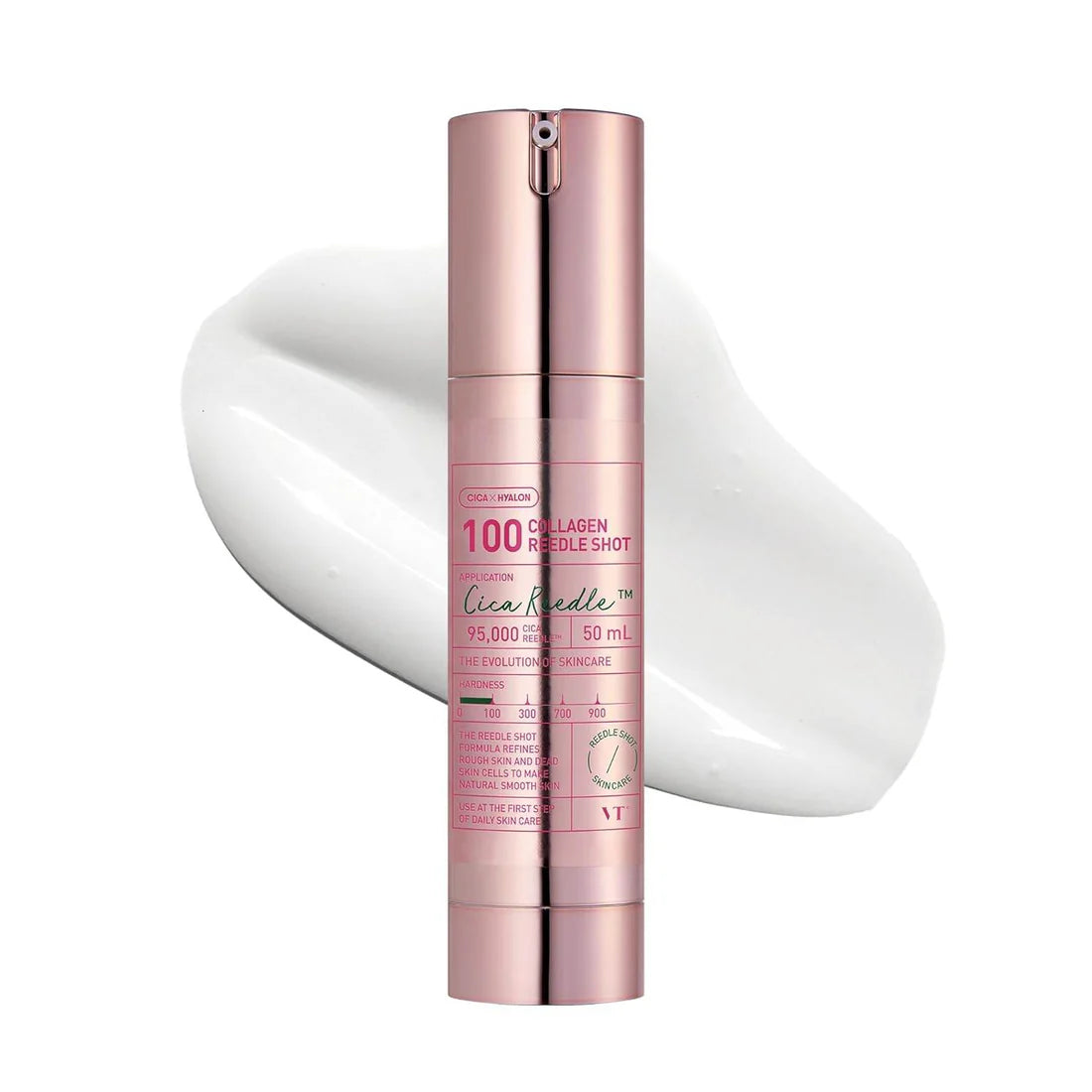 Pink skincare serum bottle with brand name on a white background