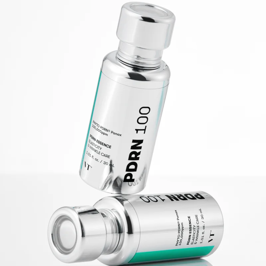 Two PDRN 100 skincare bottles on a white background