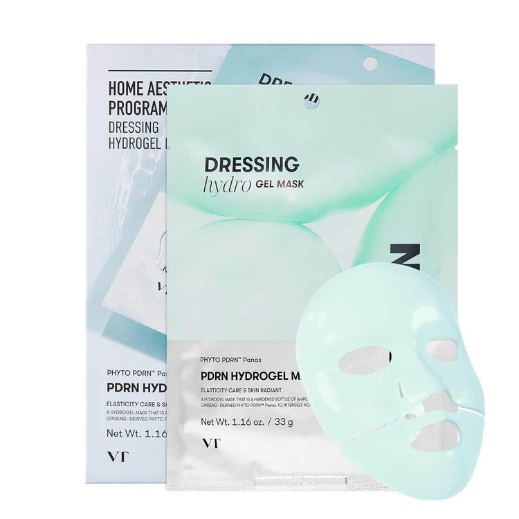 Dressing hydrogel mask packaging with a gel sheet on a white background