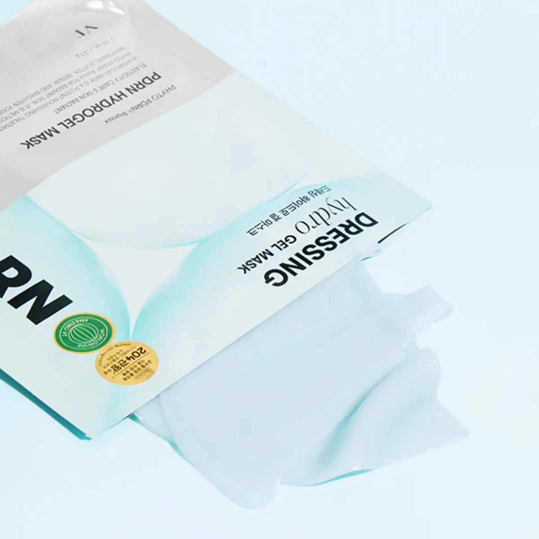 Sheet mask packaging with text and branding on a light blue background