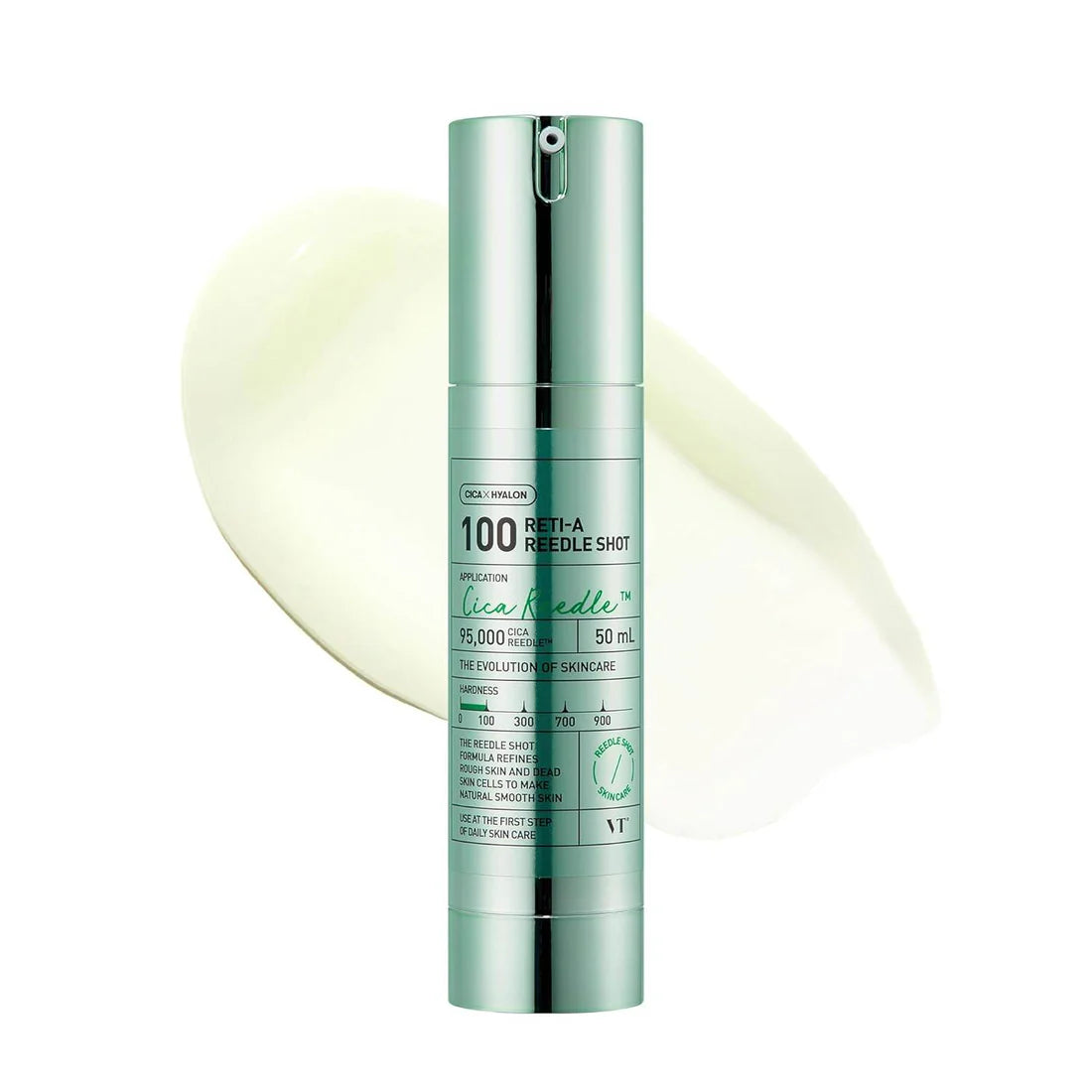 Skincare serum bottle with green label on a white background
