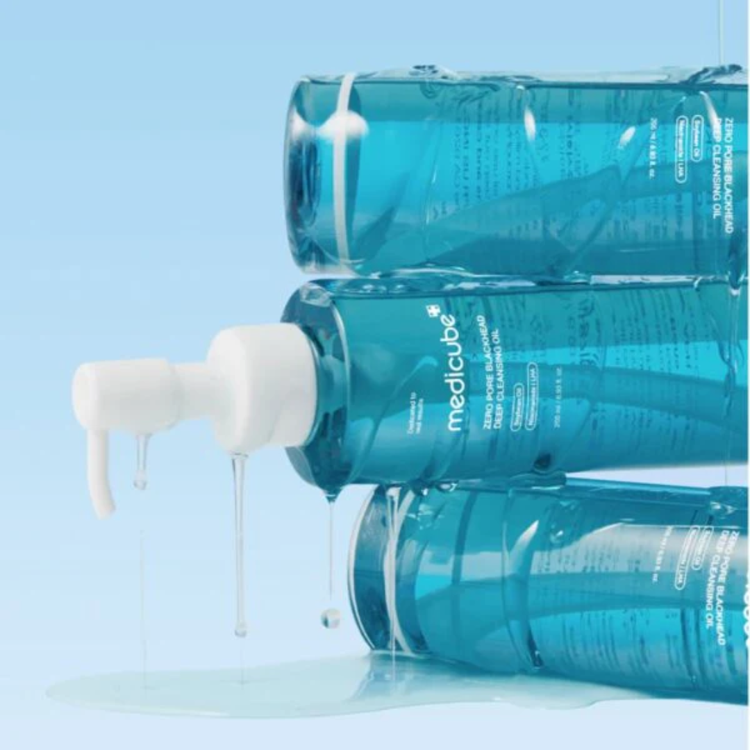 Blue mediclinic bottles with a pump on a light blue background