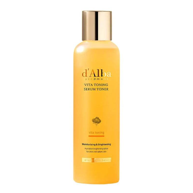 Yellow bottle of d'Aiba Vita Toning Serum Toner on a white background