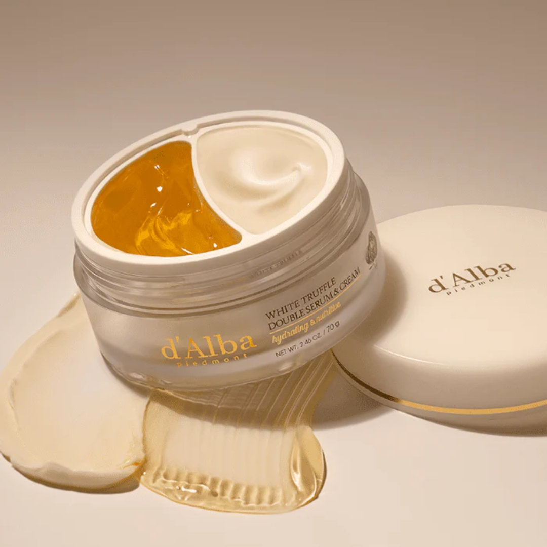 d'Alba skincare product with two types of cream on a beige background