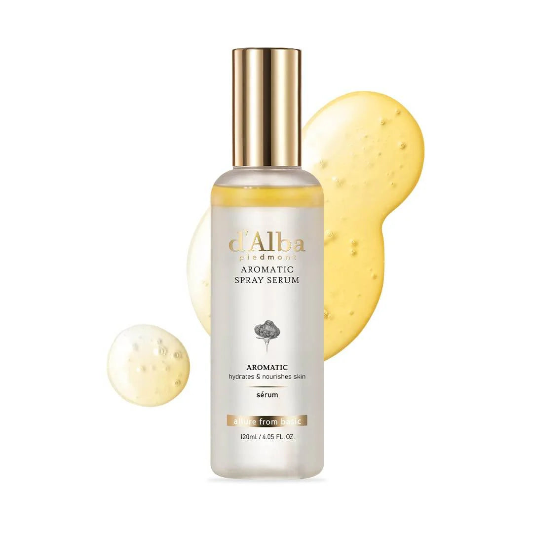 d'Alba Aromatic Spray Serum bottle with yellow droplets on a white background