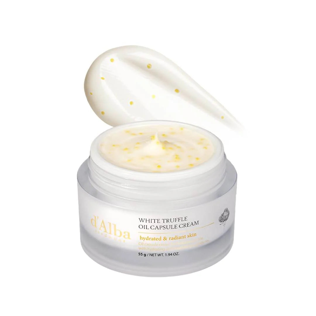 White truffle oil capsule cream jar with applicator on a white background